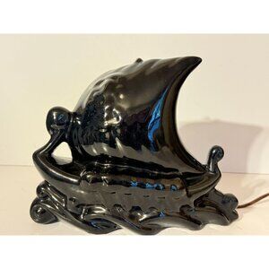 Vintage Mid Century Modern Black TV Lamp Sailboat Ship Tiki Ceramic MCM